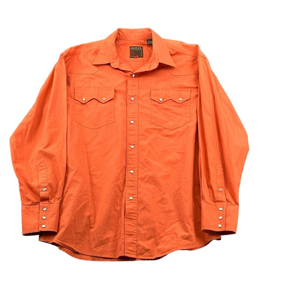 Roper Shirt Mens Large Orange Western Pearl Snap Front Long Sleeves 100% Cotton
